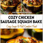 Golden roasted acorn squash halves filled with savory chicken sausage stuffing in an Easy Sausage Stuffed Acorn Squash recipe.